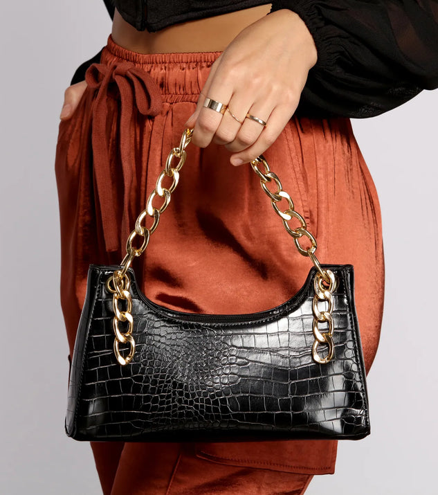 Croc Embossed Chain Link Shoulder Bag