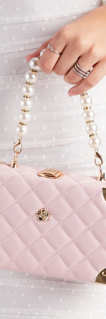 Chic Details Pearl Top Handle Quilted Handbag