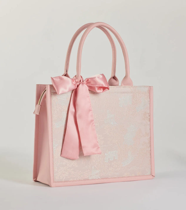 Scenic Embroidered Satin Bow Tote Bag | Windsor