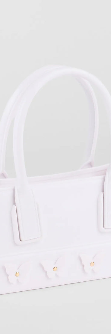 Stay on-trend this season with the Time To Fly Butterfly Jelly Tote Bag in white, a must-have for creating stylish and effortless spring outfits for women.