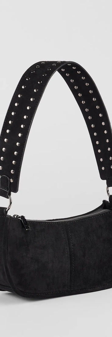 The Major Stud Faux Suede Shoulder Bag in black brings edge and energy to your vibe, ready to elevate any festival look or concert outfit.