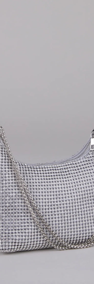 Style your vibe in seconds with the Glamour Girlie Rhinestone Mesh Shoulder Bag in silver, a fashion accessories essential that completes any outfit with ease.