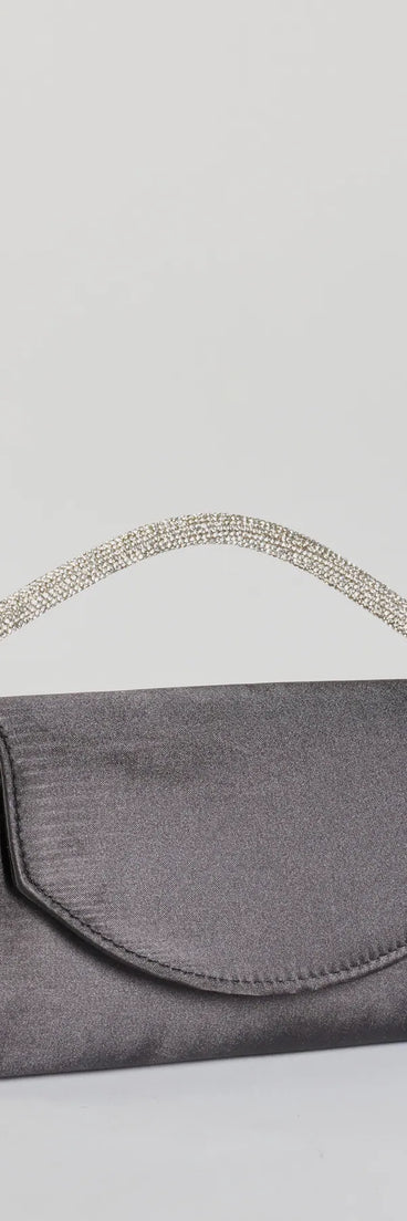 Glam Aspiration Rhinestone Strap Satin Handbag, a trendy black addition to women's going-out outfits, is ideal for Christmas party outfits, chic NYE attire, or winter night-out looks that keep you on-trend!