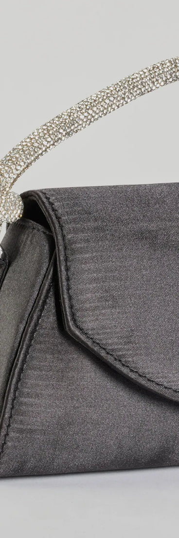 Glam Aspiration Rhinestone Strap Satin Handbag, a trendy black addition to women's going-out outfits, is ideal for Christmas party outfits, chic NYE attire, or winter night-out looks that keep you on-trend!