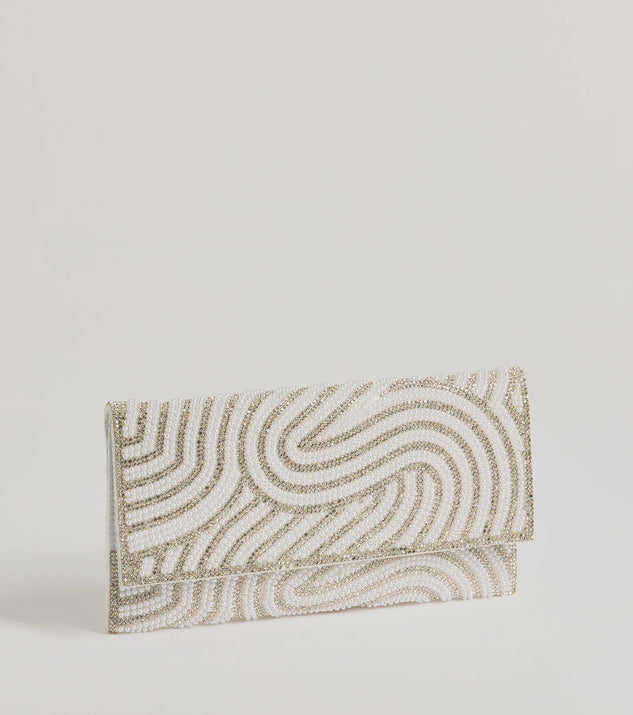 The Graceful Luxe Rhinestone And Faux Pearl Clutch helps create a chic women's white cocktail outfit with a trendy texture and stylish design, ideal for wedding guest cocktail outfits or dinner parties.