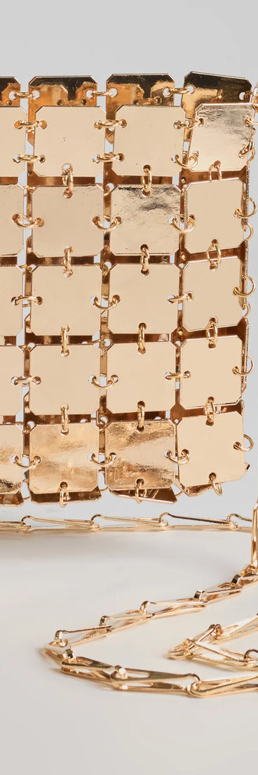 Made The List Square Chainmail Crossbody Bag, a trendy gold addition to women's going-out outfits, is ideal for Christmas party outfits, chic NYE attire, or winter night-out looks that keep you on-trend!
