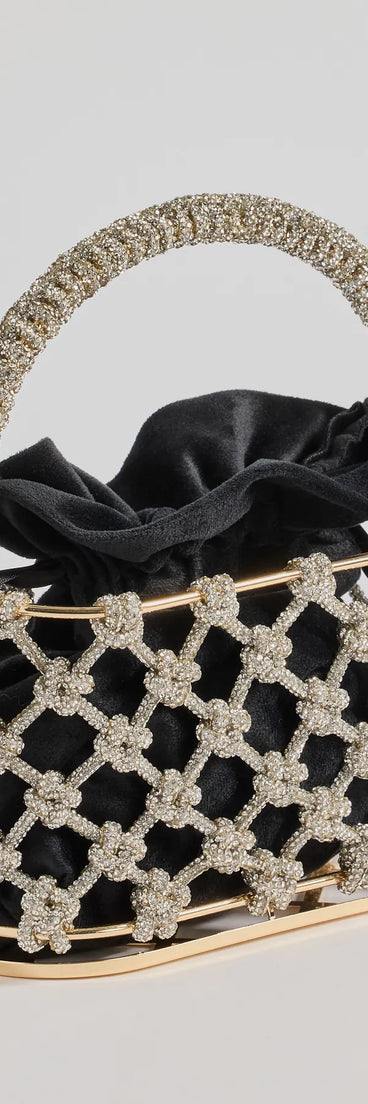 Shine at the 2025 countdown by completing your New Year’s Eve Outfit with the Sparkling Touch Rhinestone Cage Bucket Handbag, a glam black fashion accessory with statement-making details for festive going-out looks.