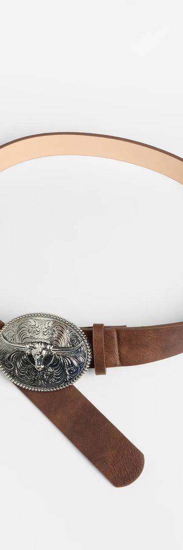 Style your vibe in seconds with the Prairie Tales Steer Buckle Belt in brown, a fashion accessories essential that completes any outfit with ease.