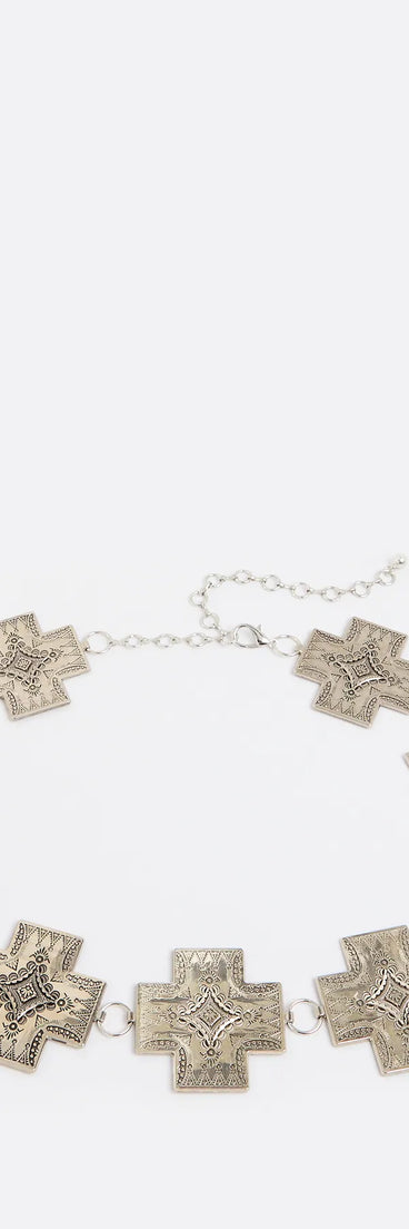 Style your vibe in seconds with the Desert Babe Cross Concho Belt in silver, a fashion accessories essential that completes any outfit with ease.