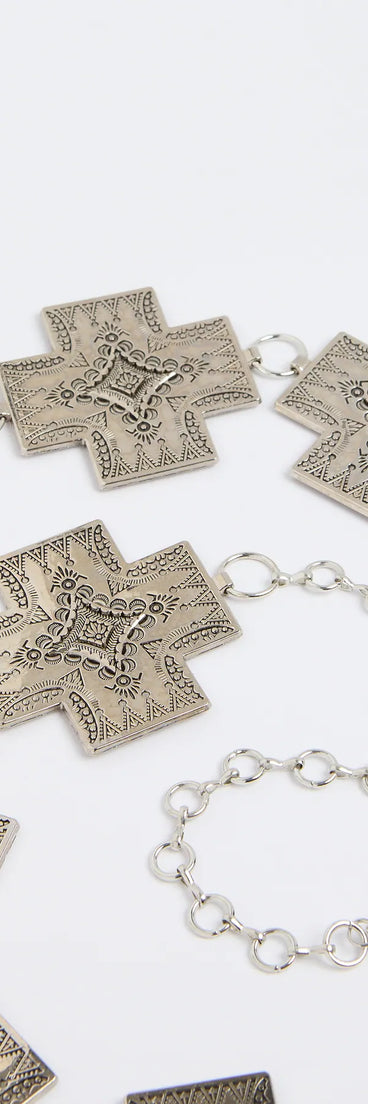 Style your vibe in seconds with the Desert Babe Cross Concho Belt in silver, a fashion accessories essential that completes any outfit with ease.