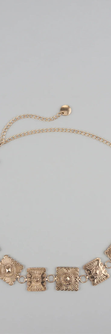 Style your vibe in seconds with the Stand Out At Sundown Concho Chain Belt in gold, a fashion accessories essential that completes any outfit with ease.