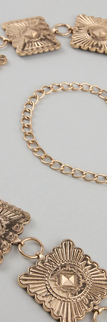 Style your vibe in seconds with the Stand Out At Sundown Concho Chain Belt in gold, a fashion accessories essential that completes any outfit with ease.
