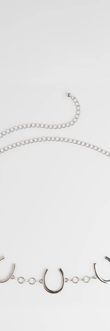 The Back In The Saddle Horseshoe Chain Belt in silver brings edge and energy to your vibe, ready to elevate any festival look or concert outfit.