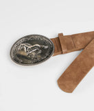 The Cowgirl Era Horse Buckle Faux Leather Belt in mocha brown brings edge and energy to your vibe, ready to elevate any festival look or concert outfit.