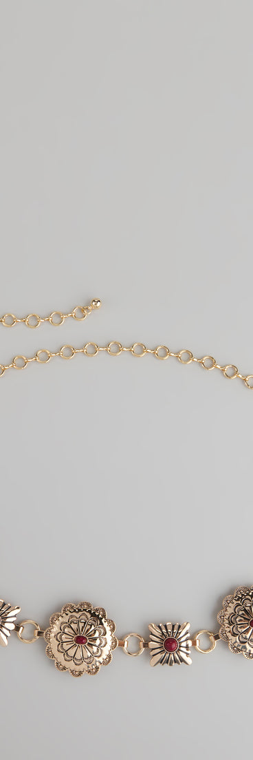 Style your vibe in seconds with the Western Bloom Stone Concho Chain Belt, a fashion accessories essential that completes any outfit with ease.