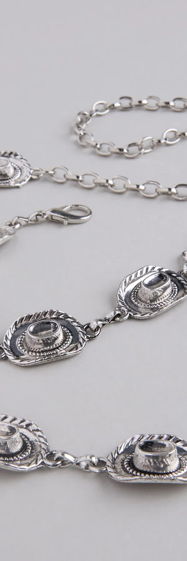 Style your vibe in seconds with the Boot It Up Cowboy Hat Chain Belt in silver, a fashion accessories essential that completes any outfit with ease.