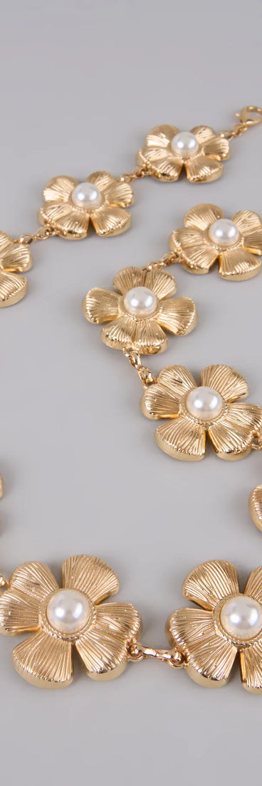 Style your vibe in seconds with the Flower Power Faux Pearl Chain Belt in gold, a fashion accessories essential that completes any outfit with ease.