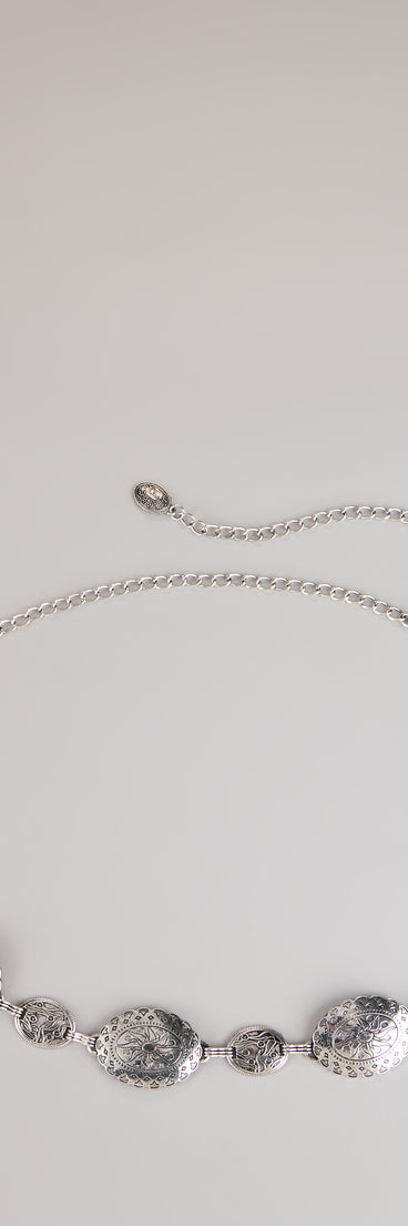 Style your vibe in seconds with the Gilded Elegance Medallion Chain Belt in silver, a fashion accessories essential that completes any outfit with ease.