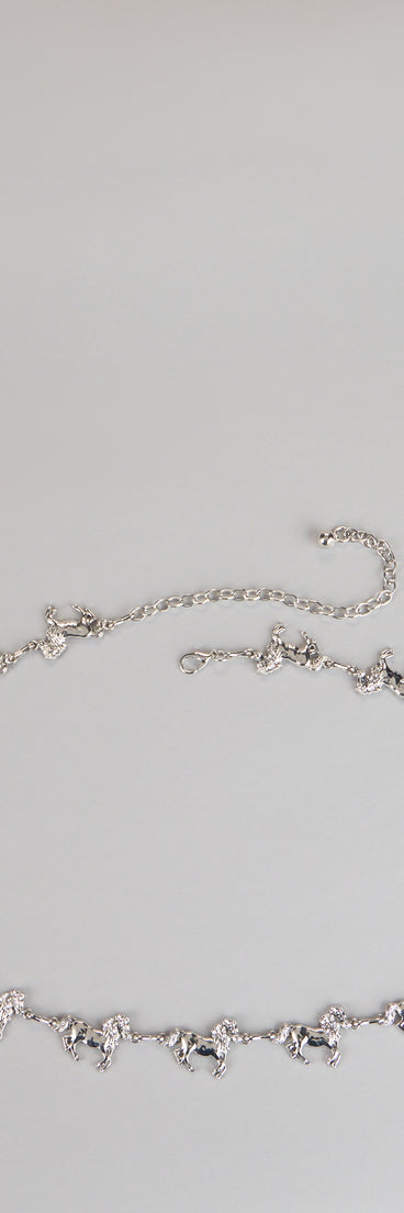Style your vibe in seconds with the Western Muse Horse Chain Belt in silver, a fashion accessories essential that completes any outfit with ease.