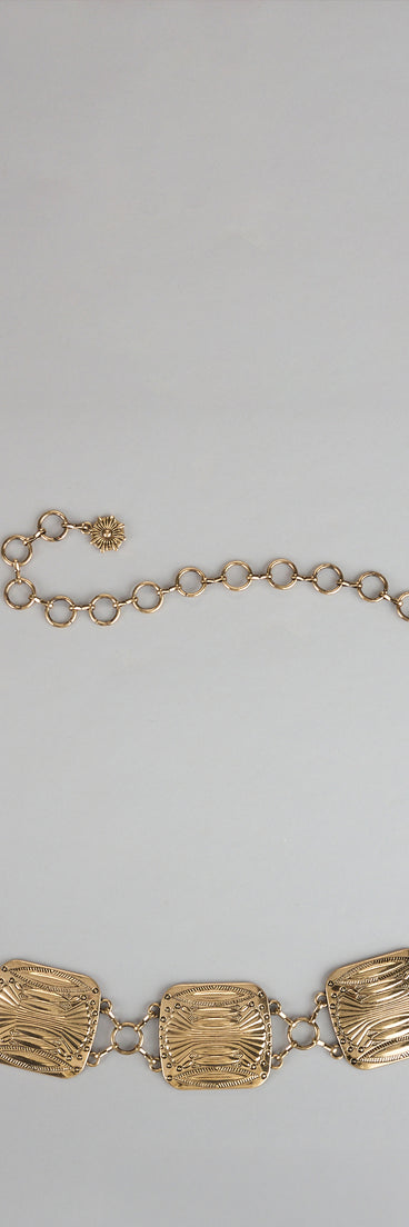 Style your vibe in seconds with the Vintage Glam Square Concho Chain Belt in gold, a fashion accessories essential that completes any outfit with ease.