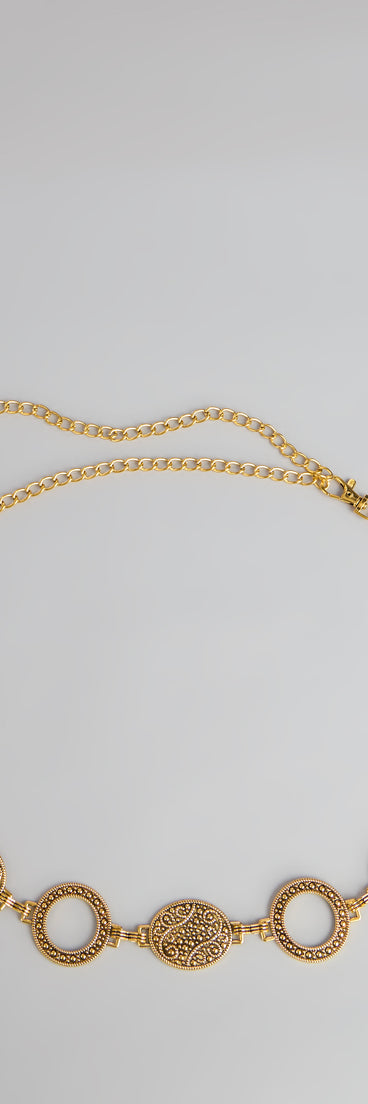 Style your vibe in seconds with the Gilded Era Textured Concho Chain Belt, a fashion accessories essential that completes any outfit with ease.