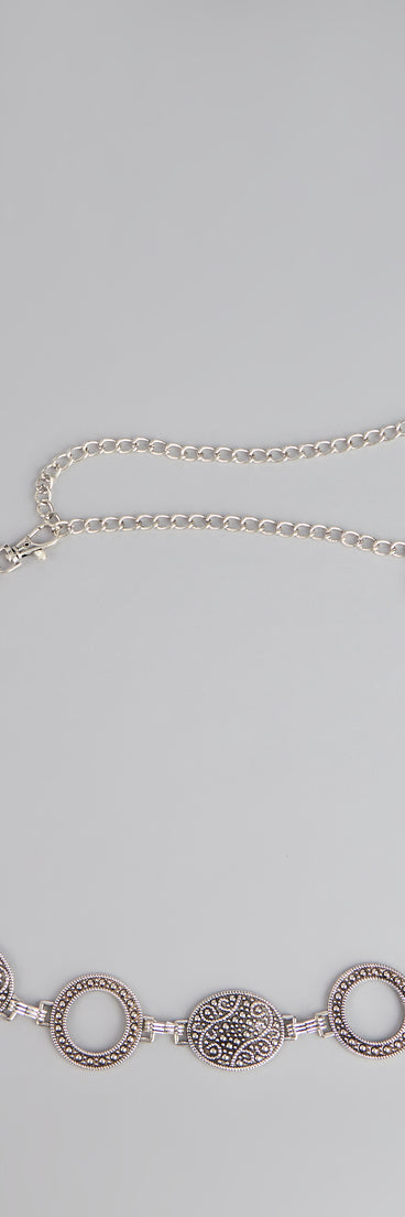 Style your vibe in seconds with the Gilded Era Textured Concho Chain Belt in silver, a fashion accessories essential that completes any outfit with ease.