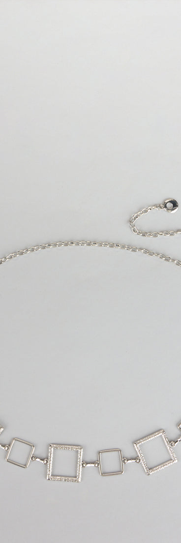 Style your vibe in seconds with the Modern Muse Geometric Chain Belt in silver, a fashion accessories essential that completes any outfit with ease.