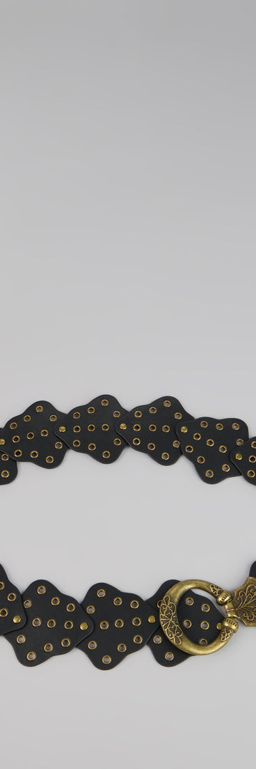 Style your vibe in seconds with the Golden Edge Grommet Medallion Belt, a fashion accessories essential that completes any outfit with ease.