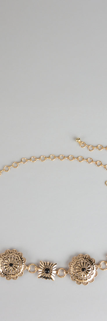 Style your vibe in seconds with the Western Bloom Stone Concho Chain Belt in gold, a fashion accessories essential that completes any outfit with ease.