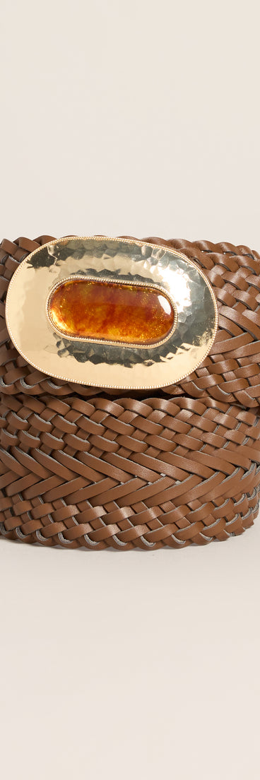 Retro Wrapped Woven Faux Leather Stone Buckle Belt