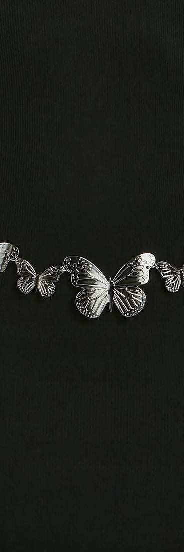 Bohemian Charm Butterfly Chain Belt, a trendy silver addition to women's going-out outfits, is ideal for Christmas party outfits, chic NYE attire, or winter night-out looks that keep you on-trend!