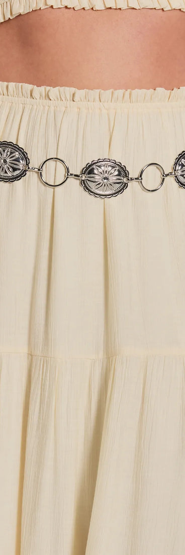 The Glam Rhinestone Statement Western Concho Belt in silver brings edge and energy to your vibe, ready to elevate any festival look or concert outfit.