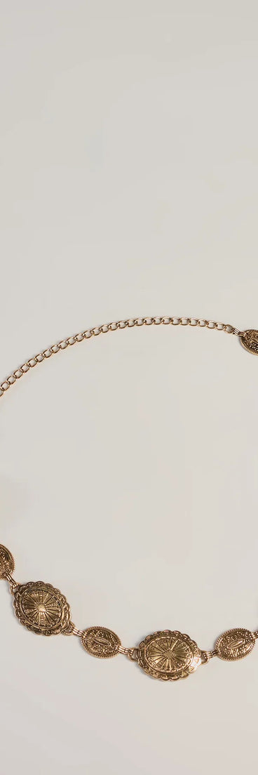
Upgrade your style game for 2025 with the Rustic Charm Concho Oval Metal Chain Belt in gold, perfect for any fashion-forward wardrobe.