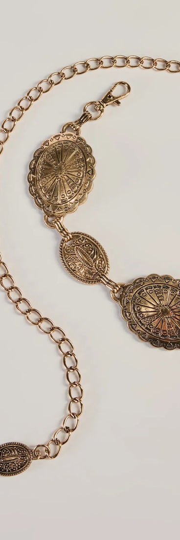 
Upgrade your style game for 2025 with the Rustic Charm Concho Oval Metal Chain Belt in gold, perfect for any fashion-forward wardrobe.