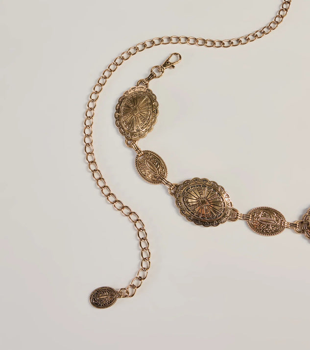
Upgrade your style game for 2025 with the Rustic Charm Concho Oval Metal Chain Belt in gold, perfect for any fashion-forward wardrobe.