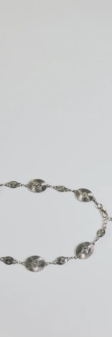 The Forever Boho Oval Disc Chain Belt in silver brings edge and energy to your vibe, ready to elevate any festival look or concert outfit.