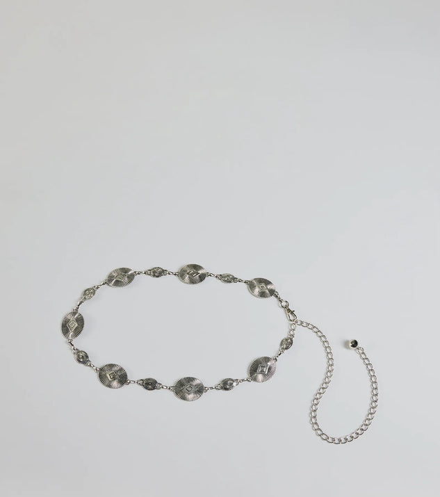 The Forever Boho Oval Disc Chain Belt in silver brings edge and energy to your vibe, ready to elevate any festival look or concert outfit.