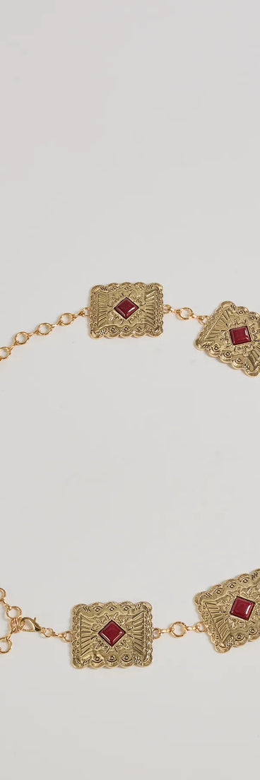 Western Vibes Colored Stone Chain Belt, a trendy gold addition to women's going-out outfits, is ideal for Christmas party outfits, chic NYE attire, or winter night-out looks that keep you on-trend!