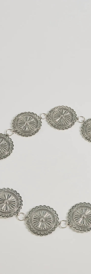 Vintage Glam Concho Metal Belt, a trendy silver addition to women's going-out outfits, is ideal for Christmas party outfits, chic NYE attire, or winter night-out looks that keep you on-trend!
