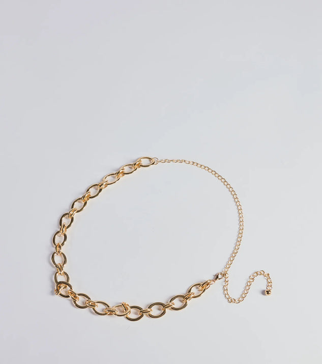 Edgy Vibes Chunky Chain-Link Metal Belt, a trendy gold addition to women's going-out outfits, is ideal for Christmas party outfits, chic NYE attire, or winter night-out looks that keep you on-trend!