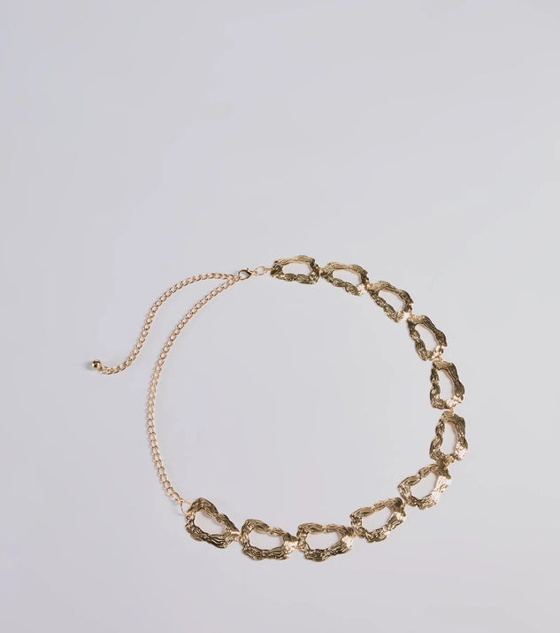 Boldly Chic Abstract Hammered Metal Chain Belt, a trendy gold addition to women's going-out outfits, is ideal for party attire, chic concert outfits, or night-out looks that keep you on-trend!