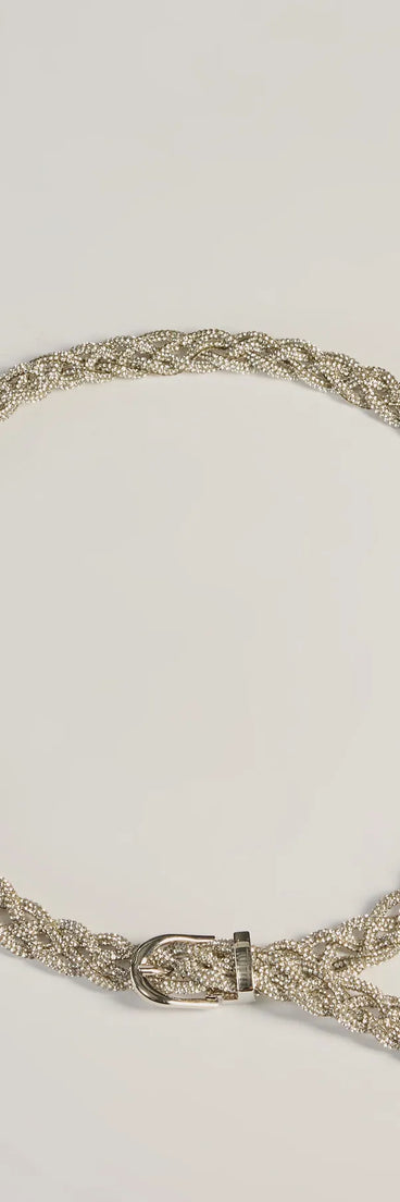 Definition Of Glam Rhinestone Braided Belt, a trendy silver addition to women's going-out outfits, is ideal for Christmas party outfits, chic NYE attire, or winter night-out looks that keep you on-trend!