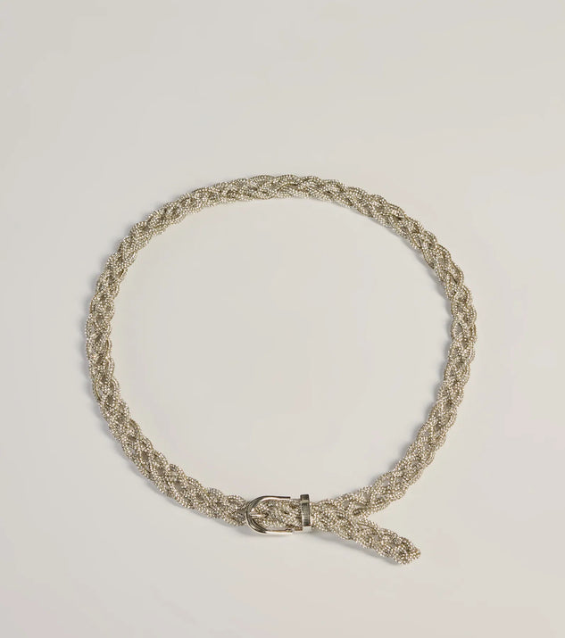 Definition Of Glam Rhinestone Braided Belt, a trendy silver addition to women's going-out outfits, is ideal for Christmas party outfits, chic NYE attire, or winter night-out looks that keep you on-trend!