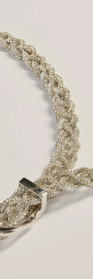 Definition Of Glam Rhinestone Braided Belt, a trendy silver addition to women's going-out outfits, is ideal for Christmas party outfits, chic NYE attire, or winter night-out looks that keep you on-trend!