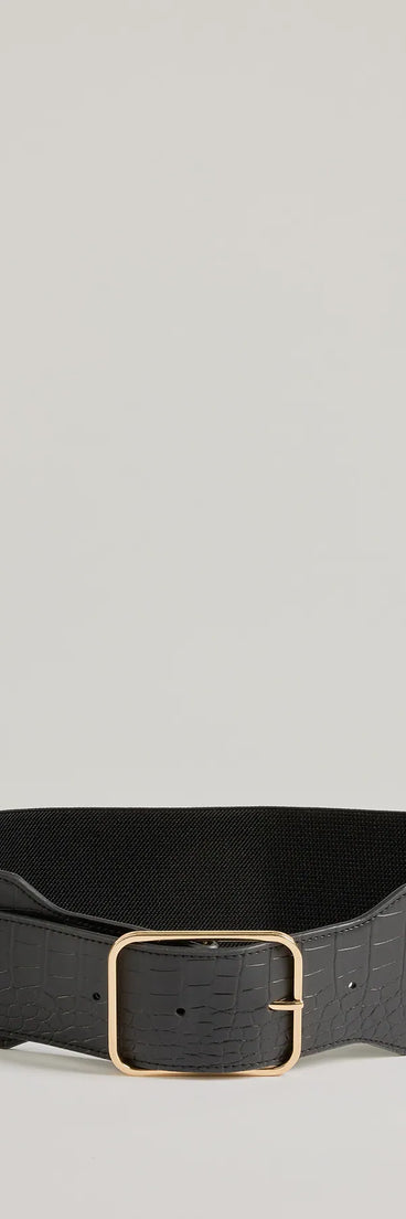 Major Stun Faux Croc-Embossed Wide Stretch Belt, a trendy black addition to women's going-out outfits, is ideal for Christmas party outfits, chic NYE attire, or winter night-out looks that keep you on-trend!