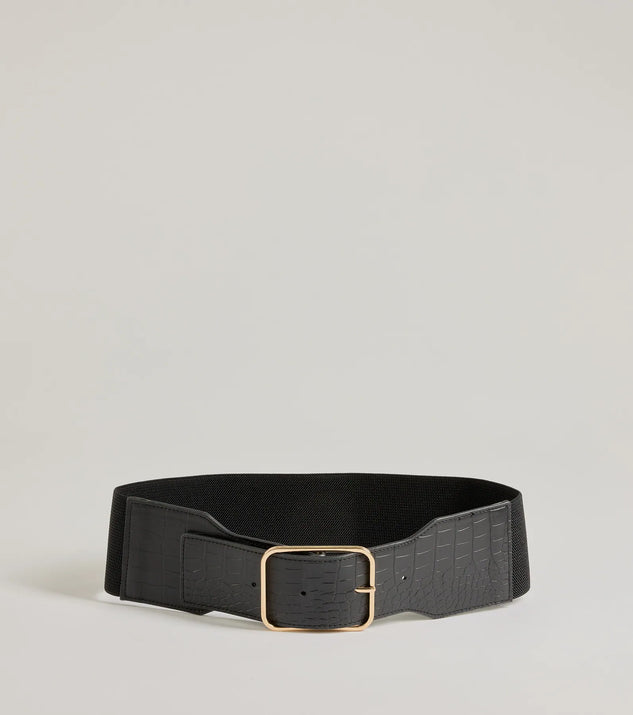 Major Stun Faux Croc-Embossed Wide Stretch Belt, a trendy black addition to women's going-out outfits, is ideal for Christmas party outfits, chic NYE attire, or winter night-out looks that keep you on-trend!