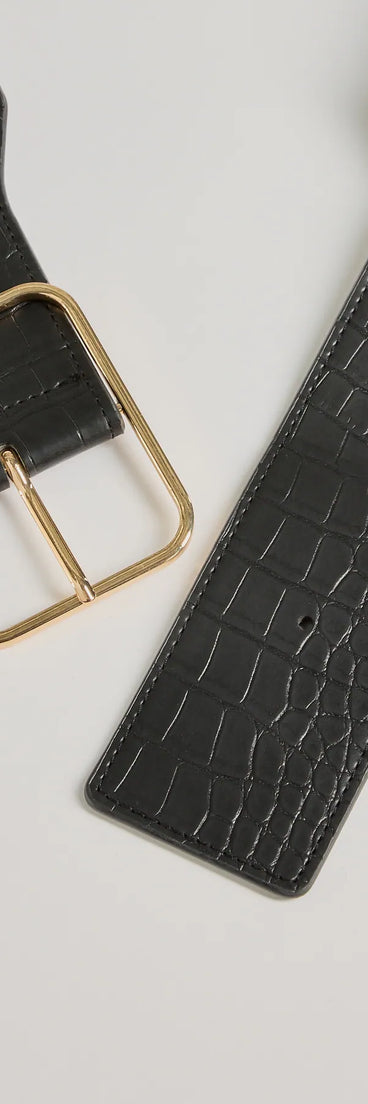 Major Stun Faux Croc-Embossed Wide Stretch Belt, a trendy black addition to women's going-out outfits, is ideal for Christmas party outfits, chic NYE attire, or winter night-out looks that keep you on-trend!