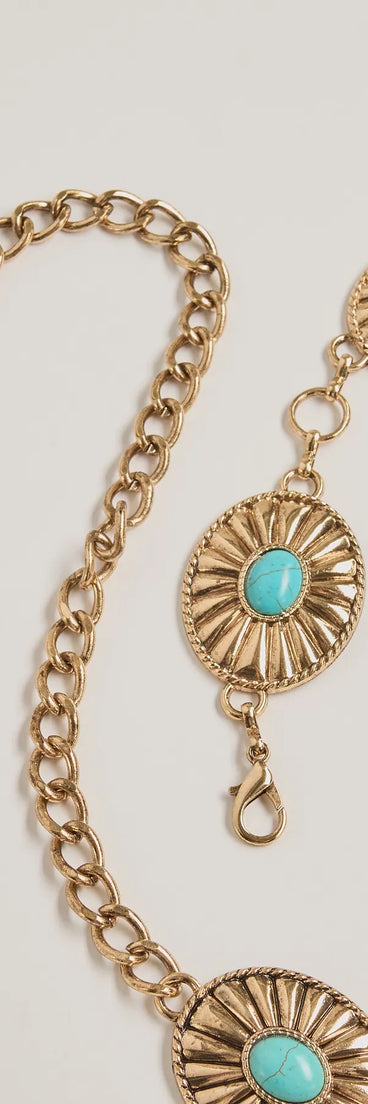 The Western Glam Concho Chain Stone Belt in gold brings edge and energy to your vibe, ready to elevate any festival look or concert outfit.