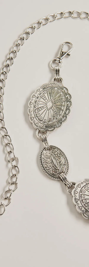 
Upgrade your style game for 2025 with the Western Flair Concho Metal Chain Belt in silver, perfect for any fashion-forward wardrobe.