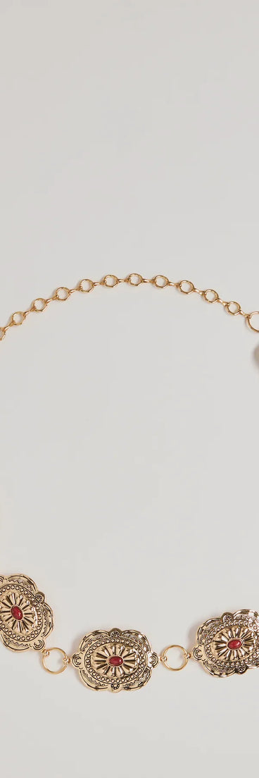 Vintage Charm Gemstone Concho Chain Belt, a trendy gold addition to women's going-out outfits, is ideal for Christmas party outfits, chic NYE attire, or winter night-out looks that keep you on-trend!